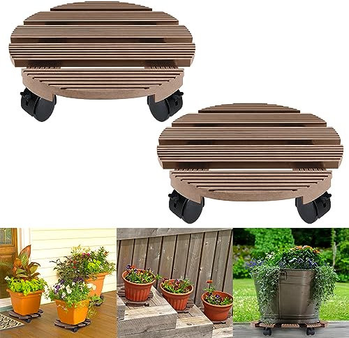 YRHome WPC Pflanzenroller Rund Ø 300mm 100kg Rollbrett Pflanzen für Innen- sowie Außenbereich Blumenroller Blumentopf Untersetzer mit Rollen witterungsbestaendig Transporthilfe für Pflanzen Braun
