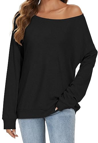 Gosunny Top sin hombros para mujer, suéter de manga larga, informal, informal, blusa elegante, Negro Sólido, XXL