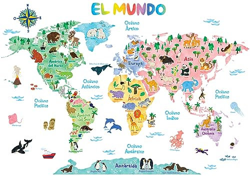 DECOWALL SG2-1615SES Animal World Map Niños Pegatinas de pared Habitación de niños Dormitorio Sala de estar Decoraciones Color Niños Niñas Educación Sala de juegos en todo el mundo
