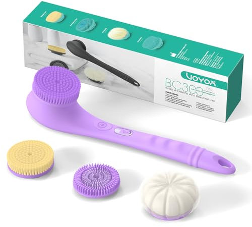 VOYOR 4 en 1 Brosse Dos Douche Électrique Brosse pour le Dos Brosse Dos Douche Long Manche poils naturels pour Femme Homme Brosse Exfoliante Corps, lave dos, Massage Rechargeable Sans Fil (Violet)