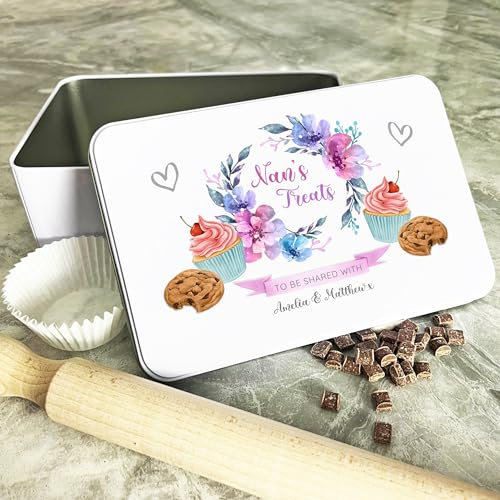 Personalised Nans Treat Flowers Cookie Cup Biscuit Baking Treats Sweets Cake Tin Personalised Gift | Custom Gift | Personalized Tin | Cake, Biscuit & Treat Tins | Gift For Her | Gift For Him