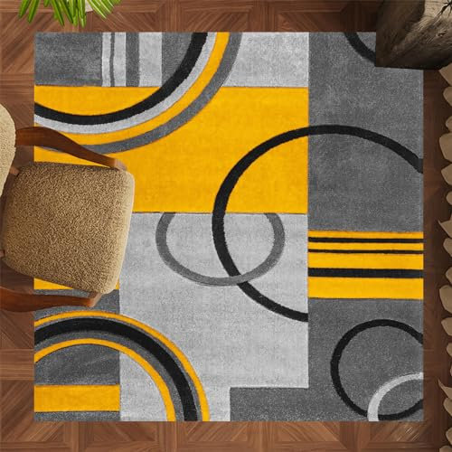 ARUGYTEI Teppich Quadratisch,Schwarz Grau Geometrisches Kreisdesign Modern, Goldgelb, Sonnenblume Gelb,Yellow,130 x 130 cm, Wohnzimmer Schlafzimmer Kinderzimmer