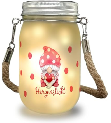 speecheese Wichtel Solarlicht mit Spruch Herzenslicht ein romantisches Licht für die Weihnachtszeit Herz Pilz Dekolicht Motiv Dekolampe Einmachglas Solar Strick Henkel