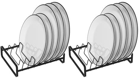 Hikinlichi 2 Pack Plate Holders Organizers 8 Slots Upright Cabinet Dish Drying Racks Metal Plate Dish Organizers Racks Stands for Countertop and Cupboard Black