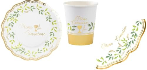 Set 32 pezzi - Kit Coordinato tavola PRIMA COMUNIONE LIBERTY NEW COMPOSTABILE Bimbo/a - Colore BIANCO e ORO LUCIDO con Calice e spighe - decoro buffet feste - 8 piatti + 8 Bicchieri + 16 tovaglioli