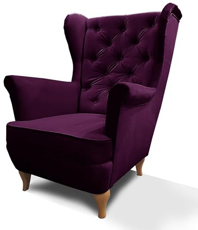 BEAUTY SOFA - Falco Ohrensessel - Sessel - Fernsehsessel - Sessel Wohnzimmer - Relaxsessel - Stillsessel - Sessel mit Velours Stoff - Holzbeine - Vintage - Lila + Buche Helles Holz