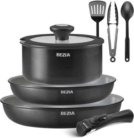 BEZIA Pfannenset mit abnehmbarem Griff, Pfannen Set mit Keramikbeschichtung, Induktions Pfannen Set 9-tlg mit Küchenutensilien, für alle Herdarten, stapelbares Design, Spülmaschinen-/Ofenfest