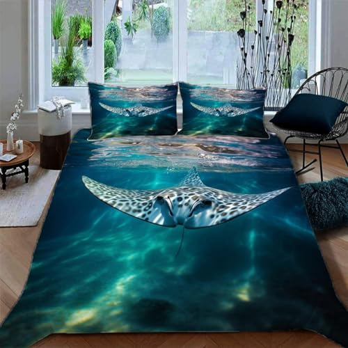 Ruiqieor Bettwäsche 135x200cm,Manta-Rochen Motiv Bettbezug Set Mädchen Junge Kinder Microfaser-Baumwolle 3D Gedruckter Bettwäsche mit Reissverschluss Weich 2 Kissenbezüge （#3）