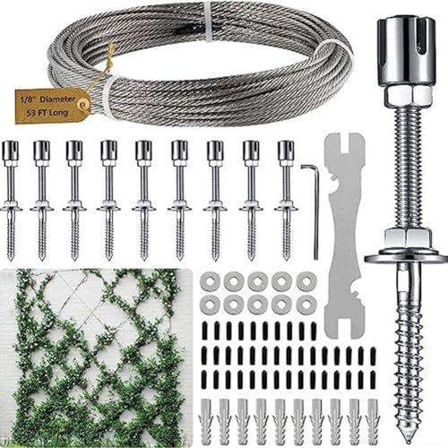 HEBEOT Wire Trellis Tension Wire Trellis Kit Stainless Steel Plant Climbing Wire Rope Plant Training Garden Wire Rope Kit Cross Clip Set For Climbing Plants Hanging Photos(With 16m Rope)