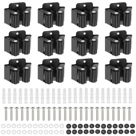 PATIKIL Besen und Mopp Halter 12Stk Wand Montiert Edelstahl Mopp Aufhänger Schwer Garten Gerät Organizer Gestell Hänge Klammern mit Schrauben für Zuhause Garage Ganz Schwarz