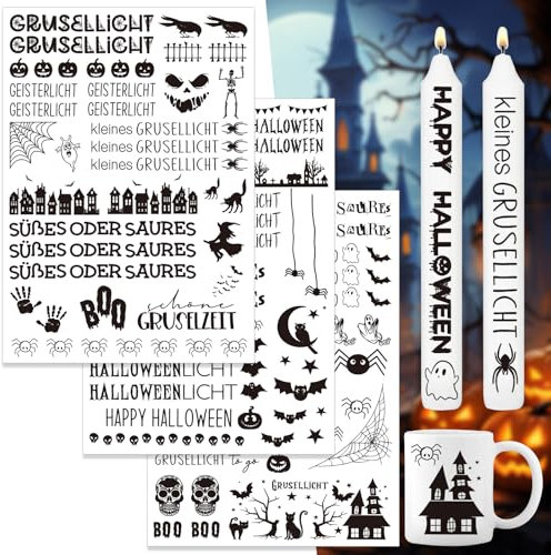 Halloween Kerzentattoo,3 Stück DIN A4 Halloween Party Kerzen Tattoos, Gespenst Kerzensticker,Kerzen Wasserschiebefolie,Halloween Kerzen Dekorieren Geschenk,Kerzensticker für Stabkerzen (Halloween-Ⅰ)