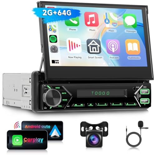 Hodozzy 2G+64G Android Radio Coche 1 DIN con Pantalla Retráctil con Carplay Android Auto,Mirror Link,GPS,Control del Volante,7 Pulgadas HD Pantalla MP5 Radio,WiFi,USB/AUX,EQ/RDS/FM Radio Cámara