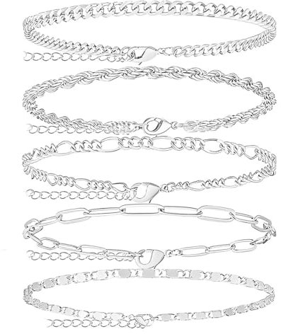 JEXOWIQ bracelet - 5Pcs Pulseras de Cadena, Pulseras de Cadena Apilables Pulseras Ajustables con Eslabones de Circonita Cúbica Juego de Pulseras Plata Oro para Mujer Niñas