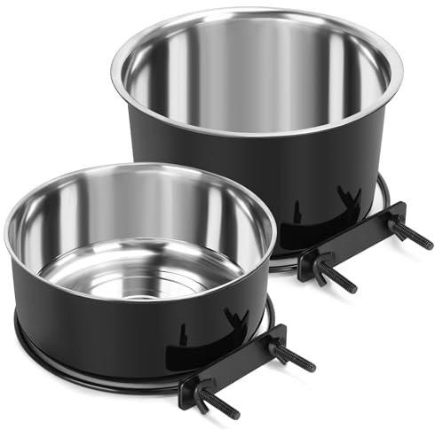 2 Pcs Black Large Pet Dog Food Water Bowl for Cage Stainless Steel Non-Spill Kennel Hanging Cats Bowls with Clamp Holder Crate Feeder Dish for Medium Large Dogs Huge Pets (7.1x3.5'' & 6.3x2.6'')