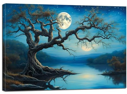 Mond Malen Nach Zahlen Erwachsene, Malen Nach Zahlen Baum (1) Paint by Numbers Anfänger, DIY Handgemalt Leinwand Ölgemälde Kit mit Pinseln und Acrylpigment, Ohne Rahmen, Zimmer Deko 32x48 Zoll BJ-312