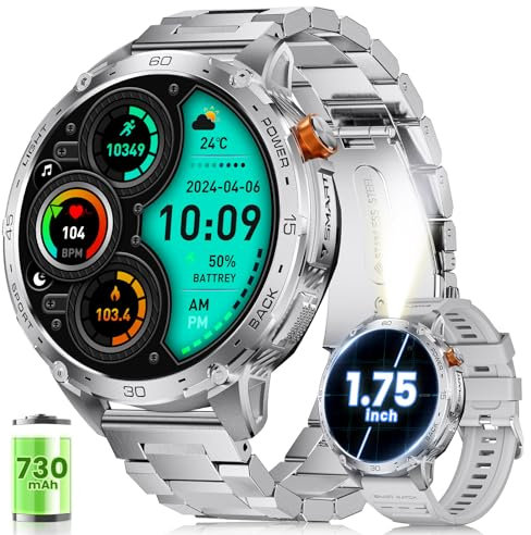 ESFOE Reloj Inteligente Hombre con Batería Grande de 730mAh, 1,75'' AMOLED Smartwatch Hombre con 110+ Deportes, Ritmo Crdíaco 24/7, SpO2, IP68 Impermeable Militar Smartwatch para Android iOS, Plate