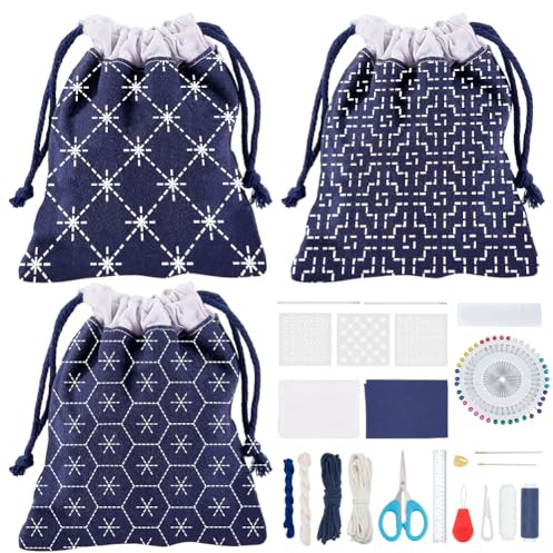 ORIGACH 3 Set Sashiko Kordelzugbeutel Set Mit Anleitung Für Anfänger Und Erwachsene Mit Schablone DIY Stick Nähtasche Geschenke Für Freunde Und Mütter