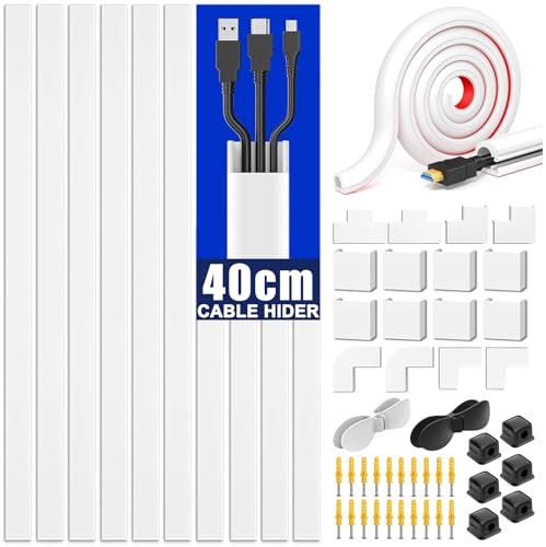ENGYNC Cord Hider - Cubiertas autoadhesivas de 4 m (10 x 40 cm) para cables de TV montados en la pared, kit de gestión de cables, organizador con distribuidor de cables de pared de 2 m, color blanco