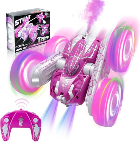 Ferngesteuertes Auto mit Sprüheffekt & LED-Lichtern, 360°-Doppelseitige 2.4GHz 4WD All-Terrain Spider RC Auto für Kinder, Stunt Car Spielzeug für Jungen & Mädchen ab 4 Jahren (Rosa)
