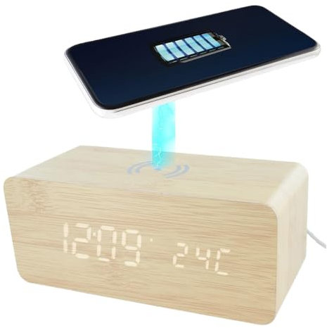 Réveil 2-en-1 Chargeur à Induction Effet Bois Clair