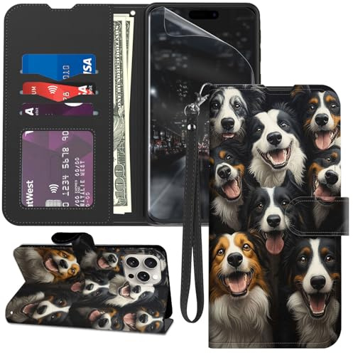 GYSYZJDH for iPhone 16 Pro Case Wallet with Screen Protector, Stand PU Leather Flip Folio Cover with Card Holder, Full-Body Protection Phone Case for iPhone 16 Pro, Collie Dogs