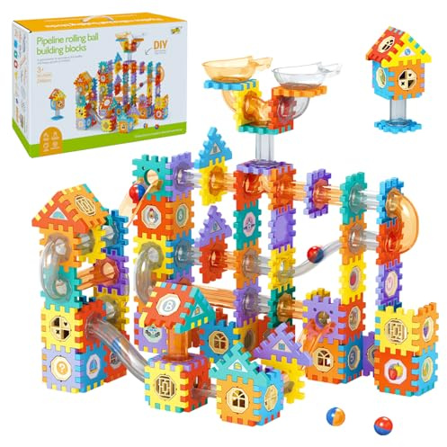 MOMSIV Murmelbahn 246pcs, Murmelbahn-Spielzeug für Kinder mit Plastikmurmeln und Aufbewahrungstasche, STEM-Lernspielzeug-Bausatz für Jungen und Mädchen im Alter von 4, 5, 6, 7, 8+ Jahren