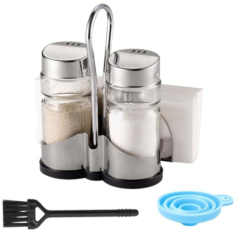 WRENYZK Set 3 in 1 per sale e pepe in vetro, con supporto in acciaio inox e porta tovaglioli, moderno e funzionale per ristorante, famiglia