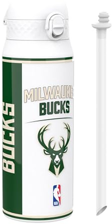 NBA Milwaukee Bucks Sports Thermal Water Bottle with Removable Straw, 750ml/24oz, Leak-Proof Insulated Drinking Bottle, Easy to Open, Secure Lock, Dishwasher Safe, Flip Cover, Metal Bottle