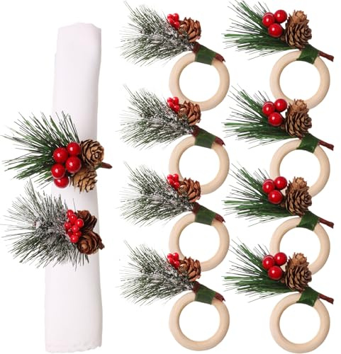MUNSKT 8 Pezzi Portatovaglioli Natalizi con Pigne e Bacche Rosse, Portatovaglioli Rustici in Legno per Decorazioni Natalizie da Tavola, Ringraziamento, Apparecchiature per le Feste