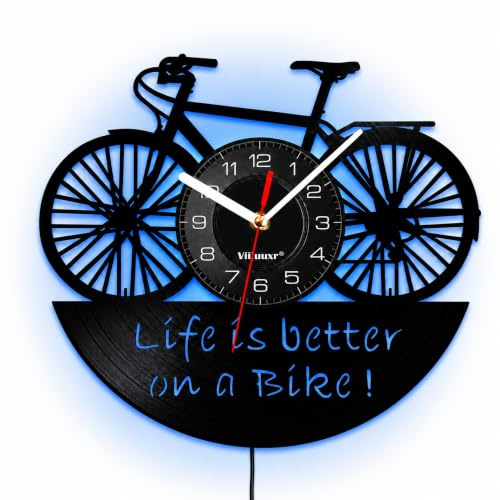Viiluuxr LED Leuchtend Vinyl Schallplatten Uhr Led-Streifen Bike Fahrrad Wohnzimmer Büro Garten Deko Geschenke für Freunde Radbegeisterte, Nachtlicht Leuchtendes Ambiente Wanduhr.(Farbenfroh)