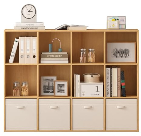 Jpiziso Bücherregal Würfelregal aus Holz mit 12 Fächern, Bücherschrank Standregal mit Geschlossener Rückwand, Aufbewahrungsregal & Raumteiler für Kinderzimmer Wohnzimmer Schlafzimmer Büro, Naturholz