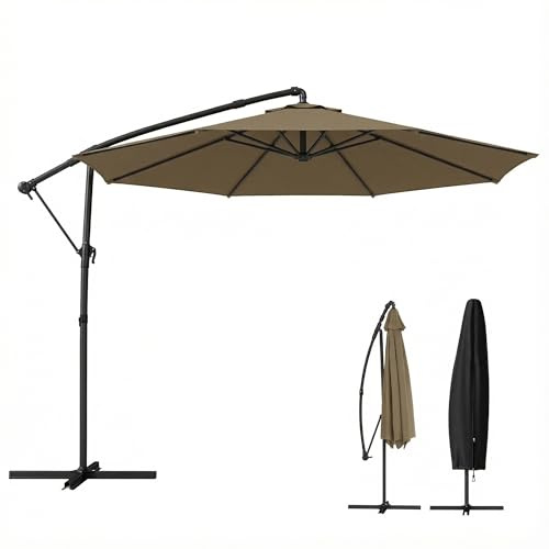 Outsunny Parasol Déporté Rond 3 m Inclinable, Housse de Protection, Kaki | Parasol de Jardin Extérieur, Manivelle, Rotation à 360°, Toile Polyester 180 g/m², Protection UV UPF50+