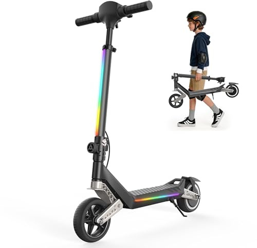 E Scooter Kinder 6-12 Jahre | 150W Motor, 5/10/16km/h, Verstellbare Höhe 82-102 cm, Kinder E-Roller mit Schwingarm-Federung, 6-6,5 Reifen, Bunte Regenbogenlichter, LED Display, bis zu 7-9 km