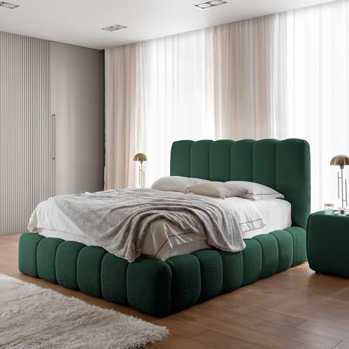Home Collective Polsterbett Doppelbett Bubble Bett mit Stauraum viele Größen und Farben | Bettgestell mit Lattenrost weicher Bouclé Bezug mit Steppung | Schlafzimmer Möbel | Grün 140x200 cm