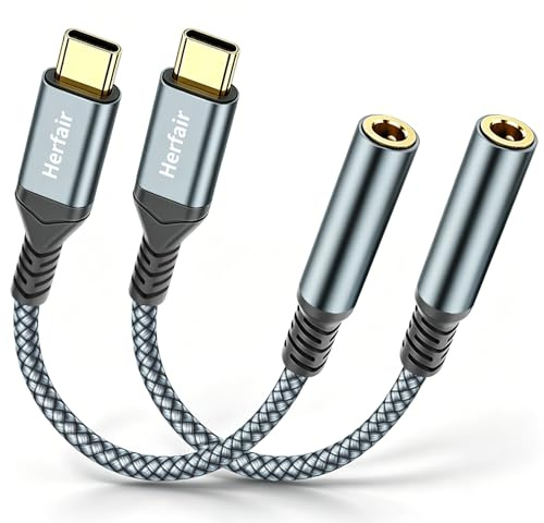 Herfair USB C to 3.5mm Headphone Jack Adapter,Type C to Car Aux Audio Earphone Speakers Adaptors,Nylon Cable Right Corner Male to Female Digital Audio Dongle,Hi-Res DAC Chip (USB C-3.5mm JACK-2 PACK)