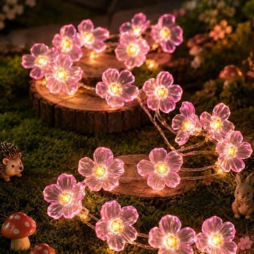 ZingBox Kirschblüten Lichterkette, 2M 20LED Rosa Kirschblüten Lichterkette Batterie, Blumen Lichterketten Sakura, Frühling Summer Deko für Mädchenzimmer Jugendzimmer Innen Außen Party Hochzeits Garten