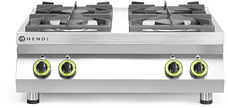HENDI Gasherd, 4 Brenner: 2x 3,5kW und 2x 6kW, Tischmodell, Höhenverstellbare Füße, für Pfannen bis ø300mm, geeignet für Erdgas, mit Umbausatz für LPG, Gaskocher, 800x700x(H)310mm, Edelstahl
