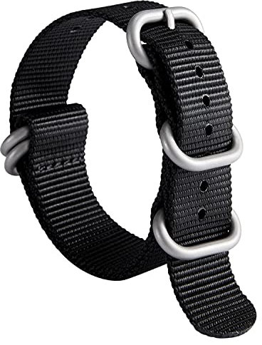 BINLUN Uhrenarmband Nylon Dickes G10 Premium Ballistic Ersatz Armband Mehrfarbige Bänder für Herren Damen mit Heavy Duty 5 Ringe(19mm, Schwarzes Band Silber Schnalle)