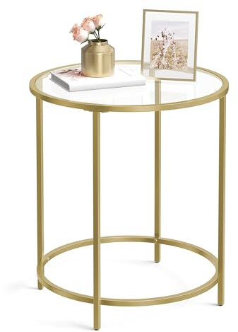 VASAGLE Runder Beistelltisch, Glas-Beistelltisch mit Metallrahmen, goldfarbener Couchtisch mit modernem Stil, für Wohnzimmer, Balkon, Schlafzimmer, goldfarben