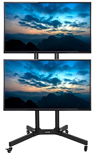VIVO Mobile TV Cart for 32 to 65 inch Dual Screens up to 32kg Each, LCD LED OLED 4K Smart Flat and Curved Panels, Rolling Stand for 2 TV’s, Locking Wheels, Max VESA 600x400, Black, STAND-TV03E2