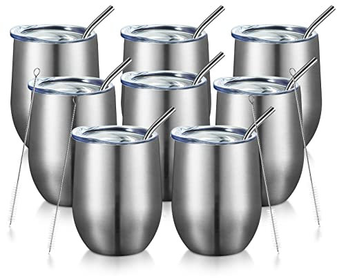 COMOOO 8 pack Stainless Steel Wine Tumbler with Lid and Straw 12OZ-Double Wall Vacuum Insulated Travel Tumbler Cup for Coffee Wine Cocktails Ice Cream Cup With Lid (Silver, 8)