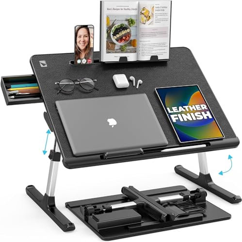 Cooper DeskPRO XL 23.6 Ergonomic Adjustable Laptop Bed Desk, Laptop Bed Table | Tray for Eating, Computer, Writing, Floor, Couch | Large Lap Desk for Adults | Leather, Drawer, Book Stand (Black)