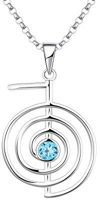 JO WISDOM Damen Halskette Reiki Cho Ku Rei Sterling Silber 925,Kette Anhänger Heilende Energie Yoga Kraft mit 3A Zirkonia März Geburtsstein Aquamarin Farbe,Schmuck für Frauen