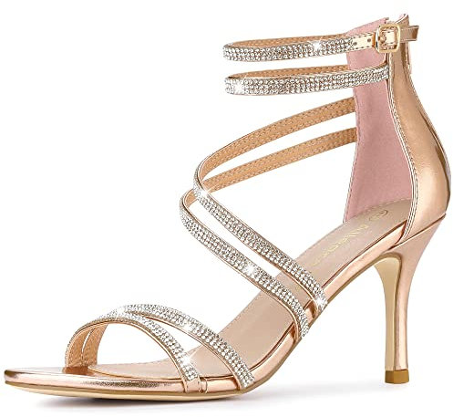 Allegra K Sandali da donna con tacco a spillo con strass e cinturino alla caviglia, Oro rosa, 38 EU