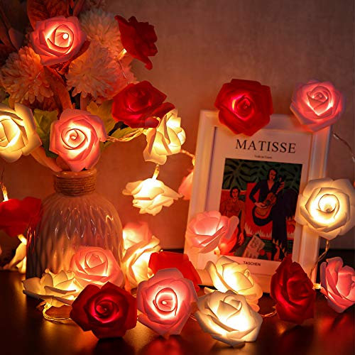 Hiboom Blume Lichterketten, 6,6 Ft 20 LED Künstliche Rose Girlande Fee Lichter Batteriebetriebene Dekoration für Muttertag Hochzeit Geburtstag Jahrestag (Rot, Rosa, Weiß Blume mit Warmweiß Licht)