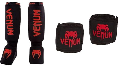 Venum Kontact Boxen Schienbeinschützer, Schwarz/Rot, One Size & Kontakt Boxbandagen - Schwarz/Rot - 4 M