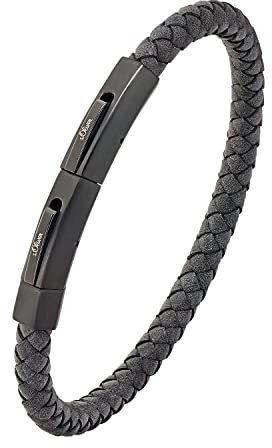 s.Oliver Armband Edelstahl Leder Herren Armschmuck, 20+1,6 cm, Schwarz, Kommt in Schmuck Geschenk Box, 2032520