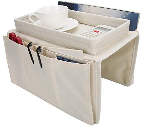Sofa Armrest Organizer Caddy, 4 Pockets Couch Armchair Caddy TV Remote Control Holder Armchair Couch Bag with Cup Holder Tray for Snacks Glasses Smartphone Magazines(11.8x7.1x7.1in-Beige)