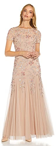 Adrianna Papell Women Floral Beaded Godet Short Sleeve Dress