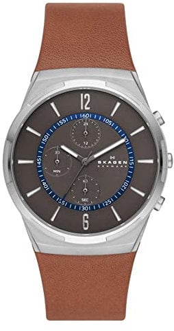 Skagen Herrenuhr Melbye Chronograph, QuarzChronographenwerk, 42mm Silberfarbenes Gehäuse aus recyceltem Edelstahl (mindestens 50%) mit einem LWGLederarmband, SKW6805